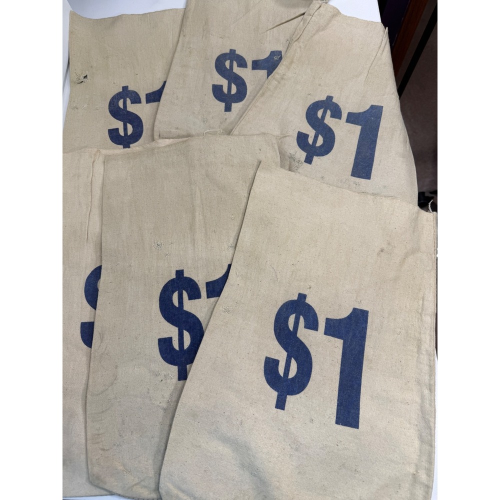 6 $1 Vintage Canvas Bank Money Bags Set Cloth Pouch 6pc Lot Bank Memorabilia